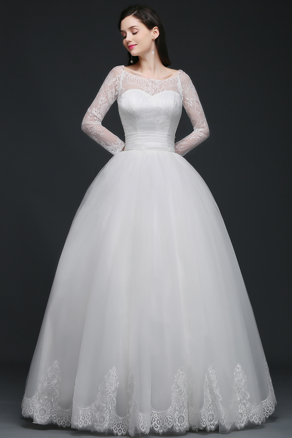 Elegant Princess Wedding Dress with Sleeves Scoop Tulle White-27Dress.co.uk