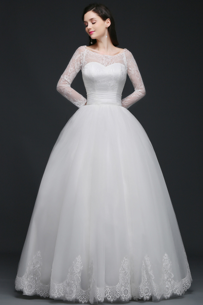 Elegant Princess Wedding Dress with Sleeves Scoop Tulle White-27Dress.co.uk
