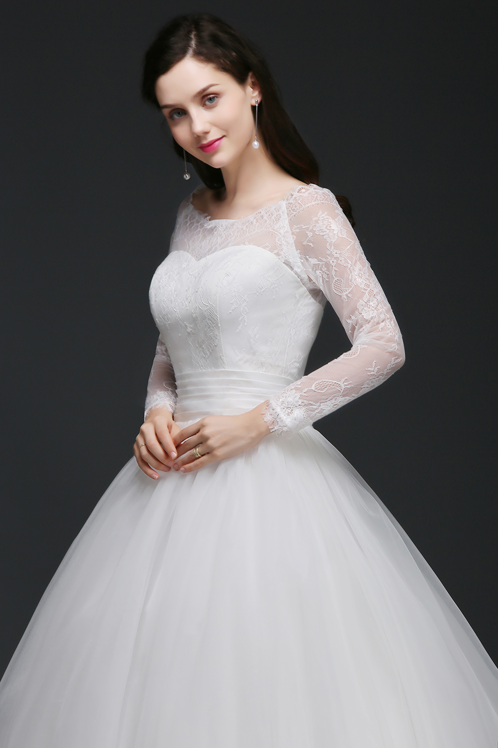Elegant Princess Wedding Dress with Sleeves Scoop Tulle White-27Dress.co.uk