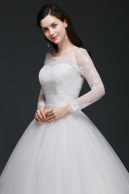 Elegant Princess Wedding Dress with Sleeves Scoop Tulle White-27Dress.co.uk