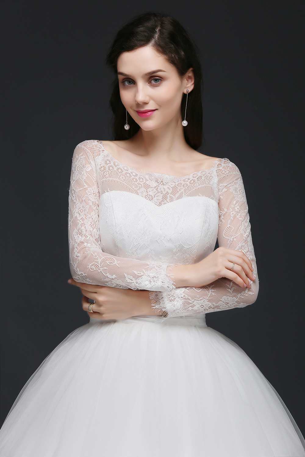 Elegant Princess Wedding Dress with Sleeves Scoop Tulle White-27Dress.co.uk