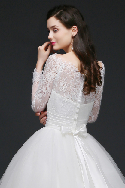 Elegant Princess Wedding Dress with Sleeves Scoop Tulle White-27Dress.co.uk
