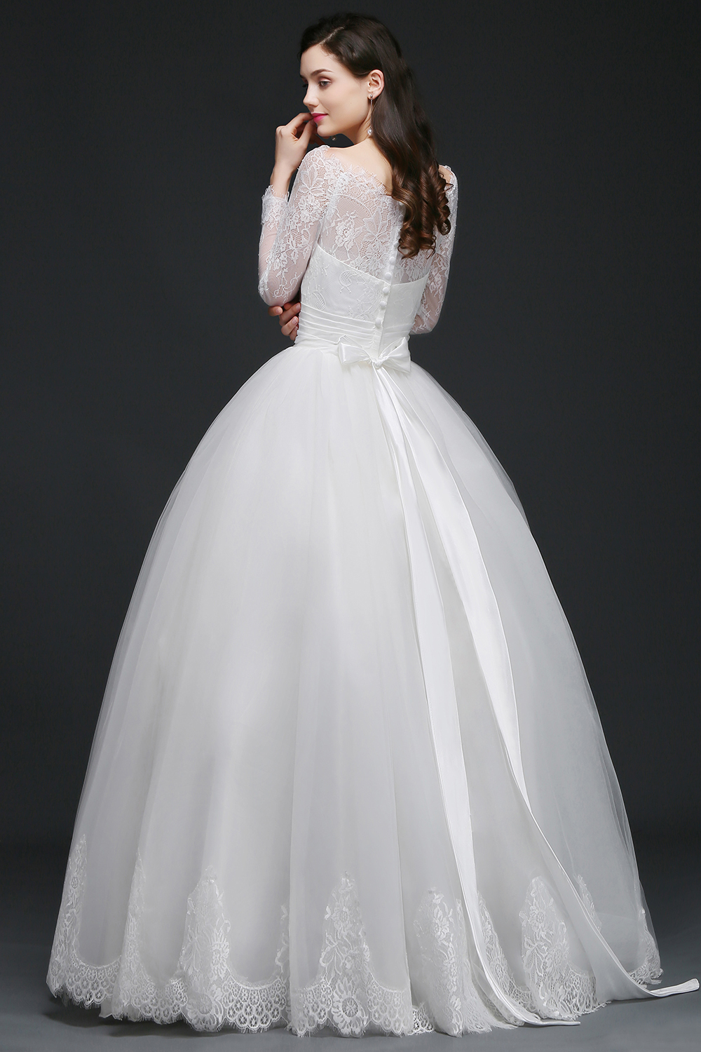 Elegant Princess Wedding Dress with Sleeves Scoop Tulle White-27Dress.co.uk