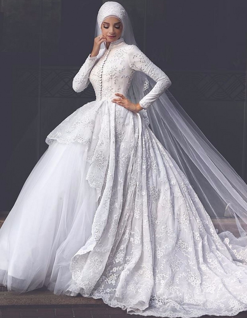 Elegant High Neck Wedding Dresses UK Lace Long Sleeves Muslim Bridal Gowns