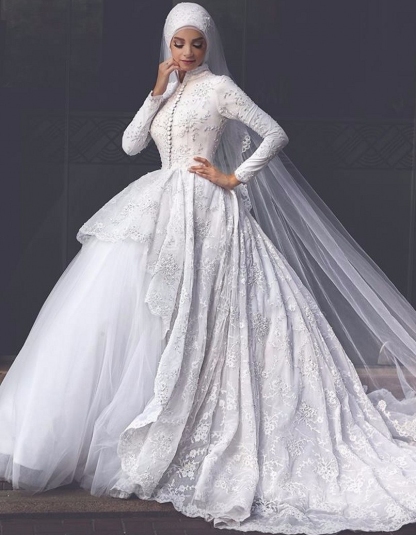Elegant High Neck Wedding Dresses UK Lace Long Sleeves Muslim Bridal Gowns