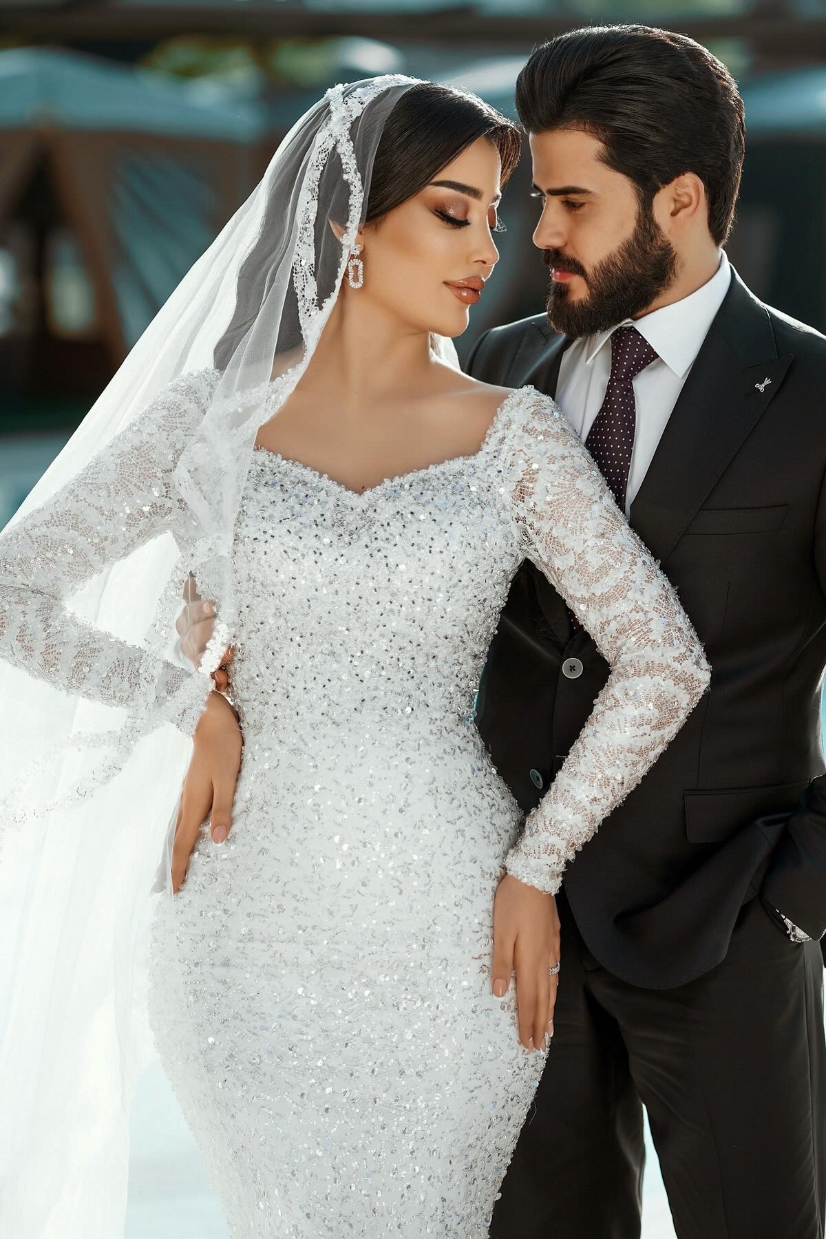 Unique Square Neckline Long Sleeve Sequins Mermaid Wedding Dresses