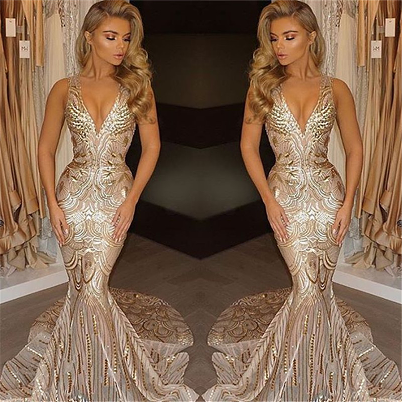 Luxury V-Neck Mermaid Sequins Prom Dress UK