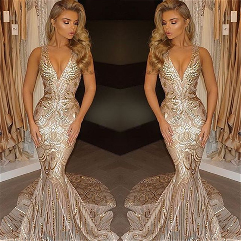 Luxury V-Neck Mermaid Sequins Prom Dress UK