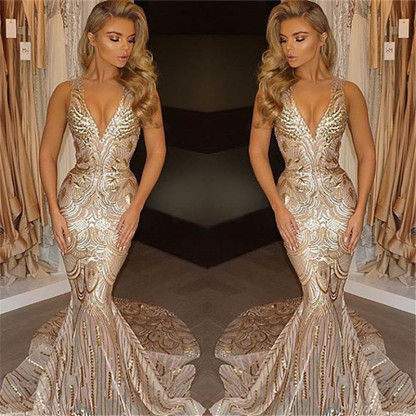 Luxury V-Neck Mermaid Sequins Prom Dress UK