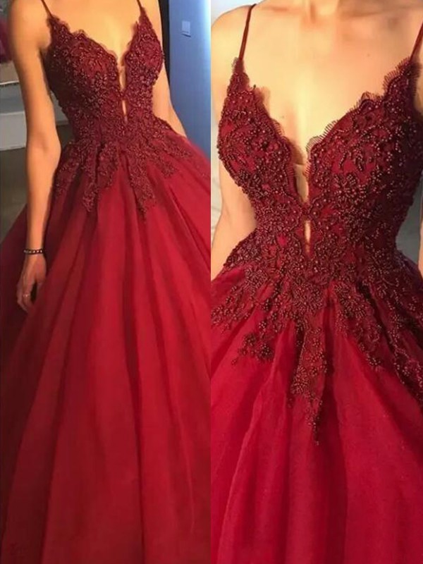 Sexy Spaghetti Strap Beads Prom Dress UKes UK Red Lace Ball Gown Elegant Evening Dress UKes UK