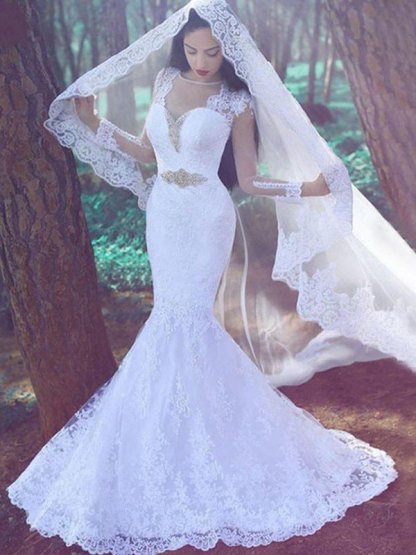 Court Train Sexy Mermaid Long Sleeves Sweetheart Applique Lace Wedding Dresses UK
