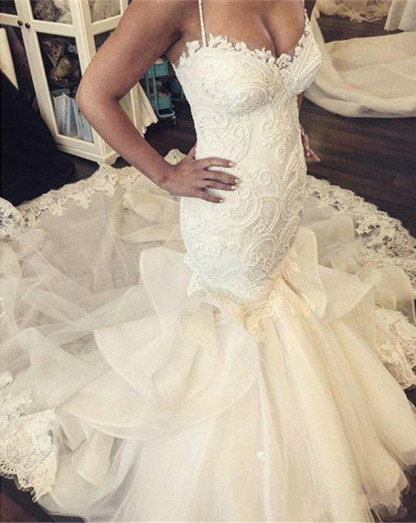 Sexy Mermaid Ruffles Lace Wedding Dress Spaghetti Strap Sleeveless