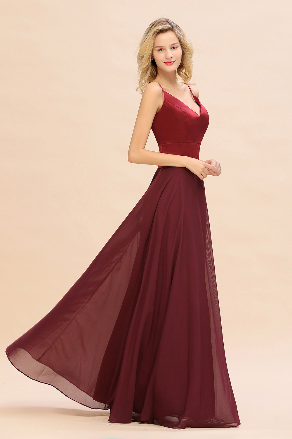 Elegant Spaghetti-Straps Burgundy Long Satin Bridesmaid Dress