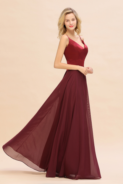 Elegant Spaghetti-Straps Burgundy Long Satin Bridesmaid Dress