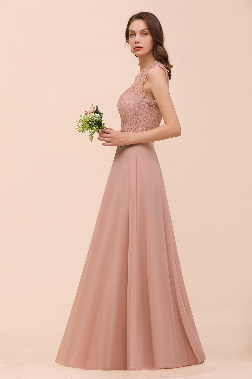 One Shoulder Dusty Pink Lace Chiffon Bridesmaid Dresses