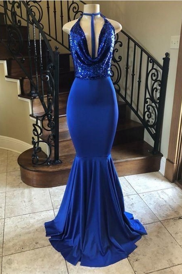 Halter V-neck Sequins Long Mermaid Formal Dresses UK