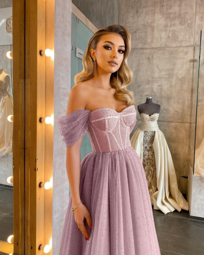 Boho Sparkly Sequins Soft Tulle Party Dress Off Shoulder Cocktail Formal Dresses