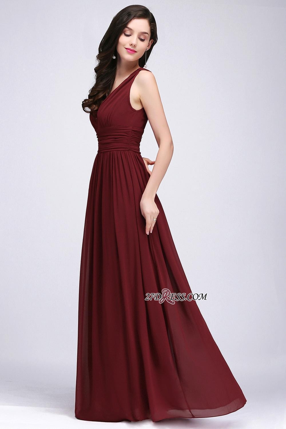 V-Neck Ruched Chiffon A-line Burgundy Evening Dress UKes UK