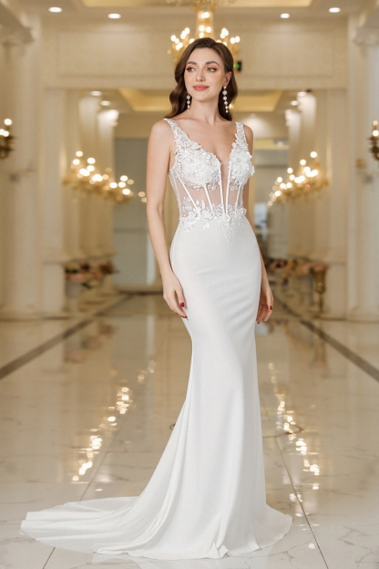 Gorgeous White V-Neck Mermaid Wedding Dress Appliques Pearls Long Bridal Dress