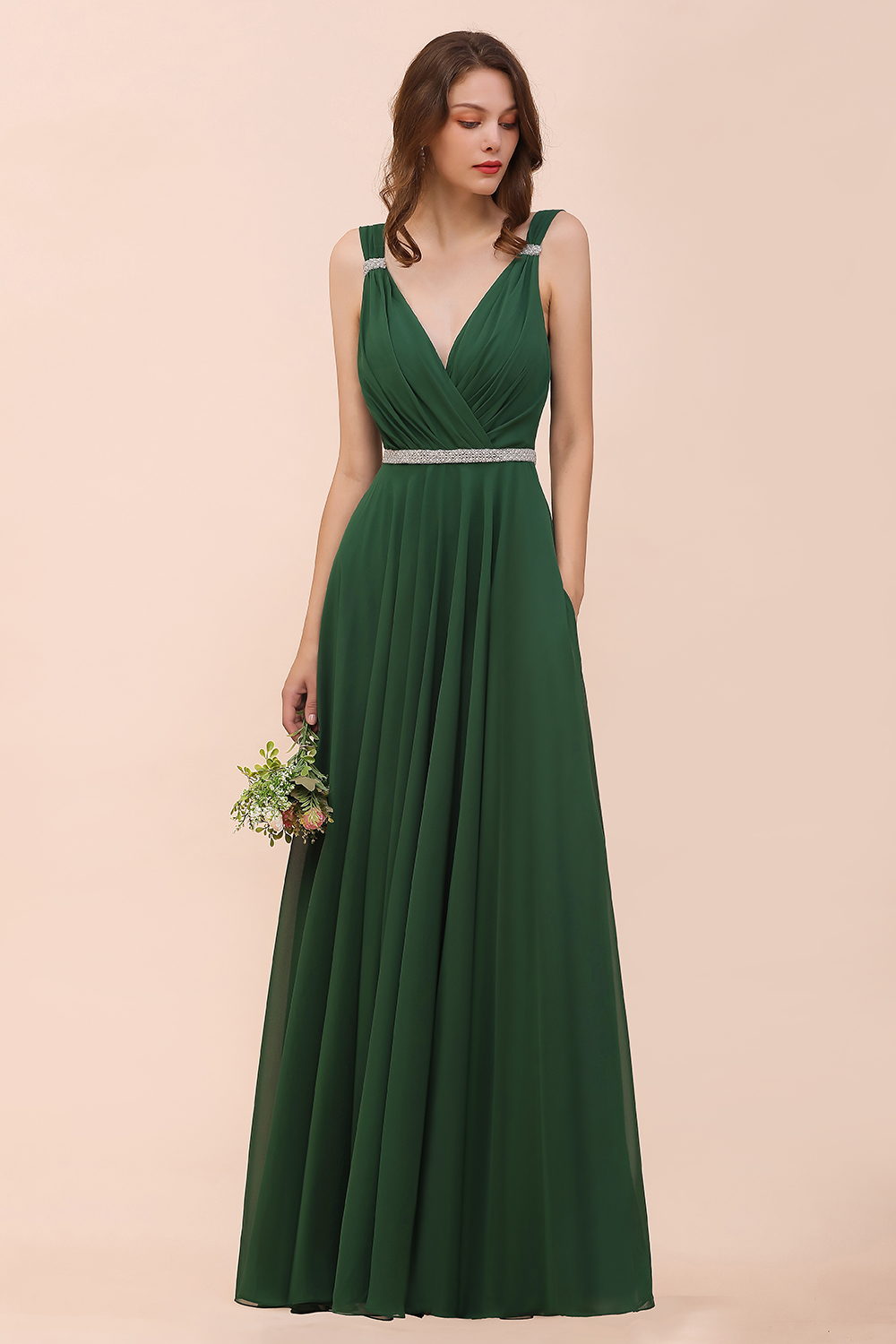 Elegant Ruffle Chiffon Bridesmaid Dress V-Neck Straps Evening Wear Dress for Bride