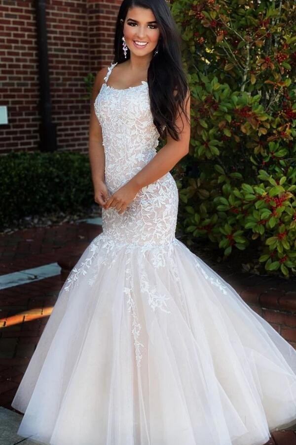 Elegant White Floral Lace Mermaid Bridal Gown Tulle Floor Length Wedding Dresses