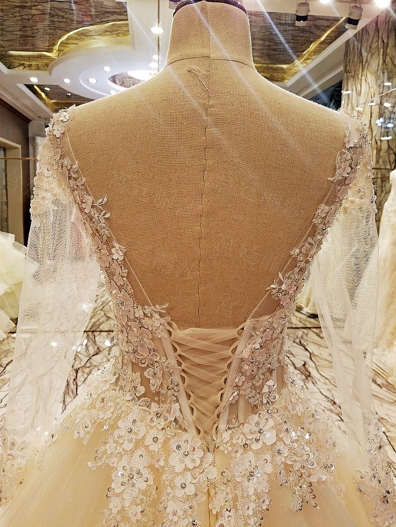 Ball Gown Long Sleeves Appliques Tulle Lace-up Wedding Dresses UK