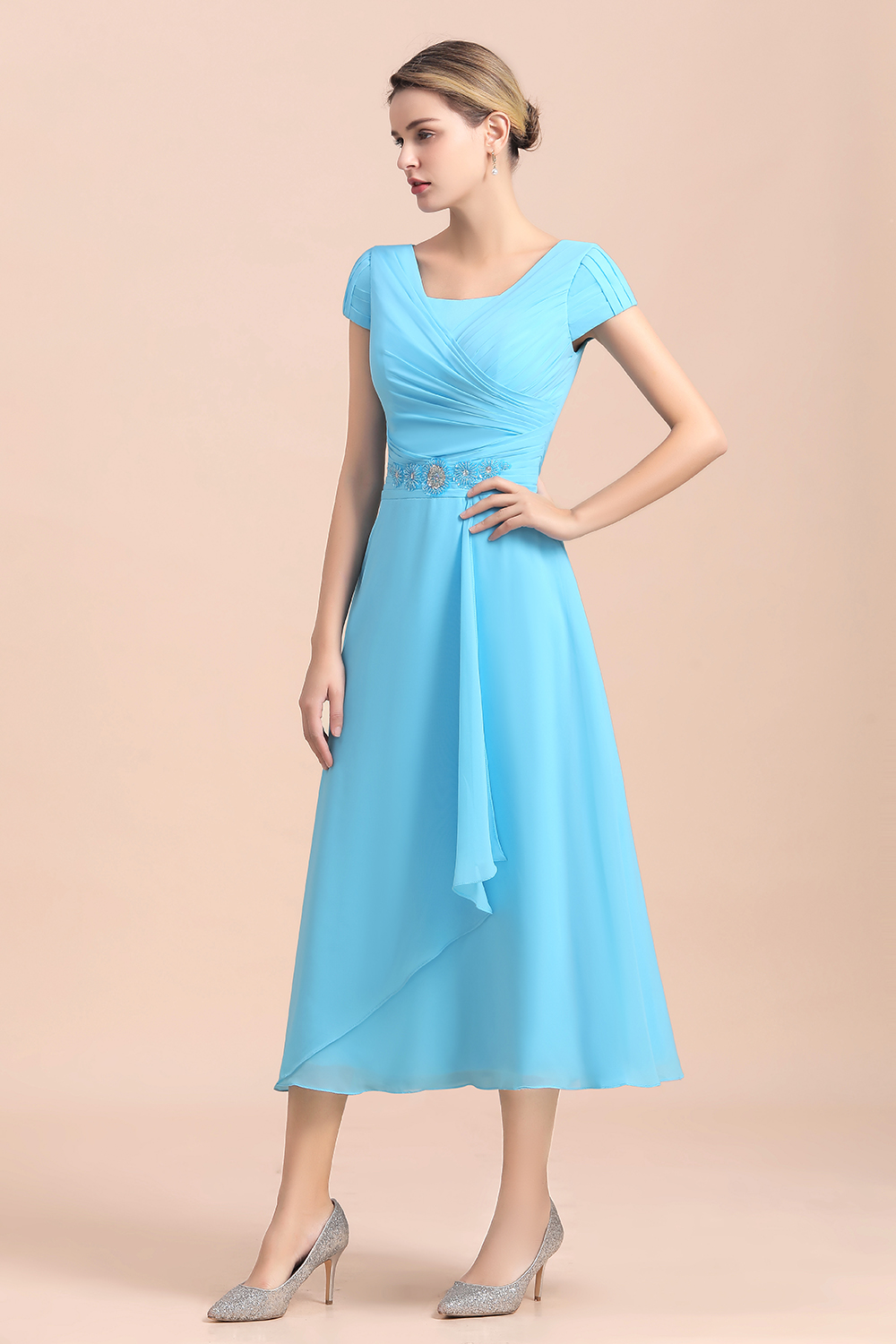 Blue Short Sleeves Chiffon Tea-Length Weddig Guest Dress