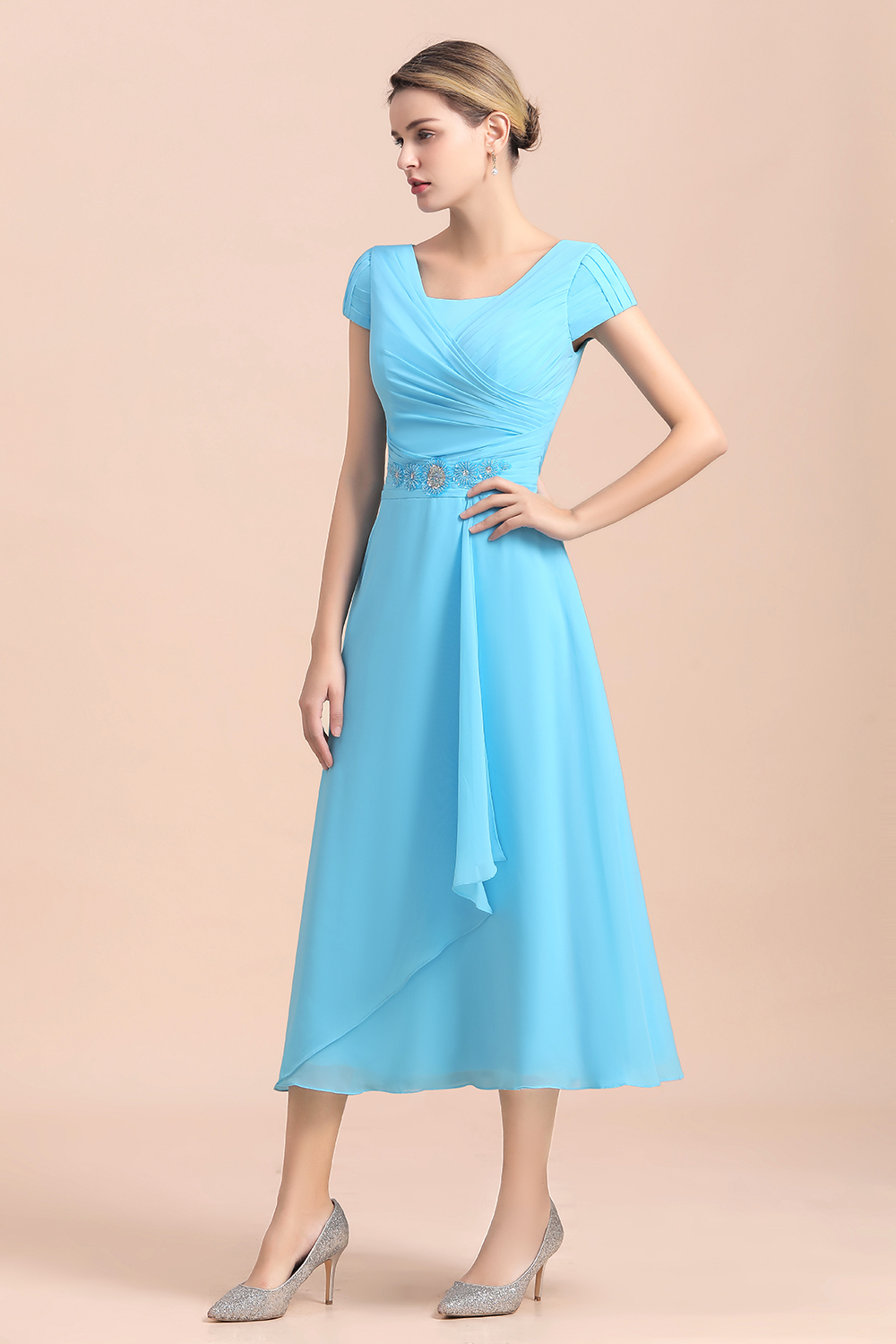 Blue Short Sleeves Chiffon Tea-Length Weddig Guest Dress