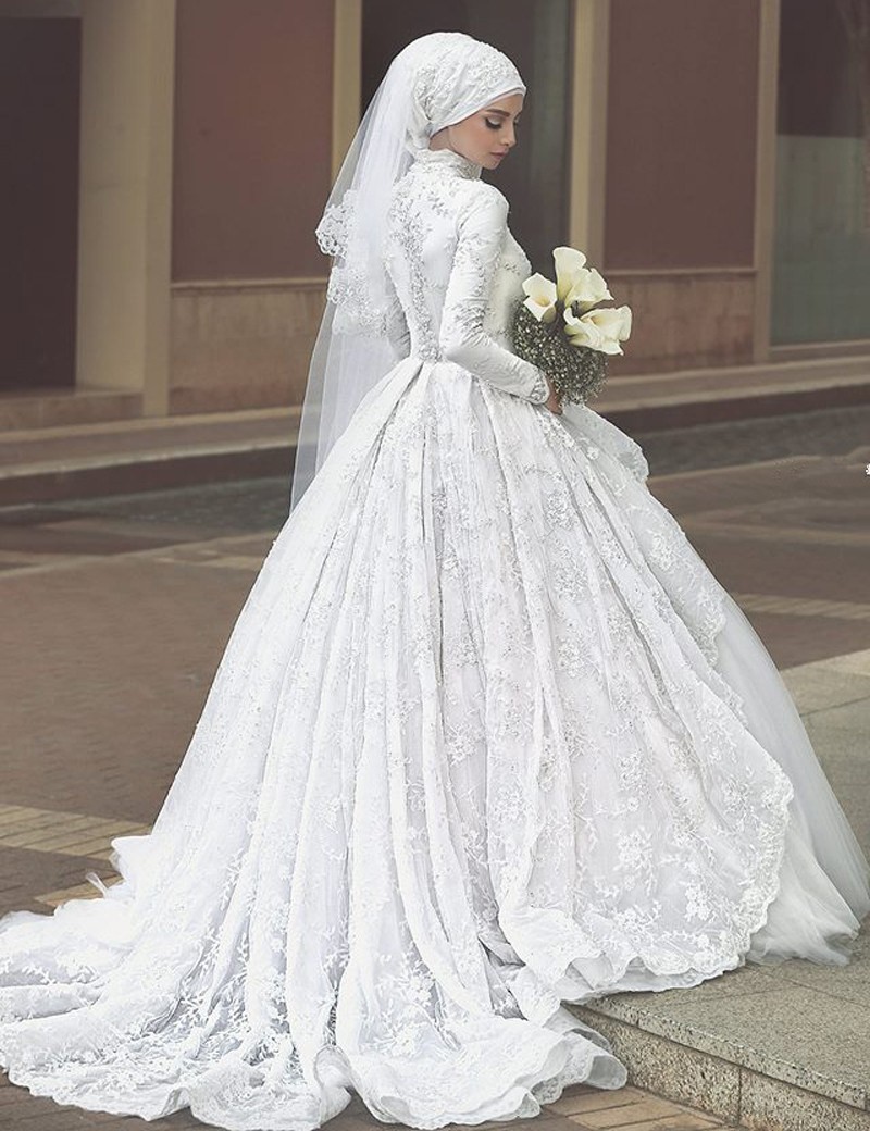 Elegant Tulle Lace Appliques Arabic Wedding Dress Ball Gown High Neck
