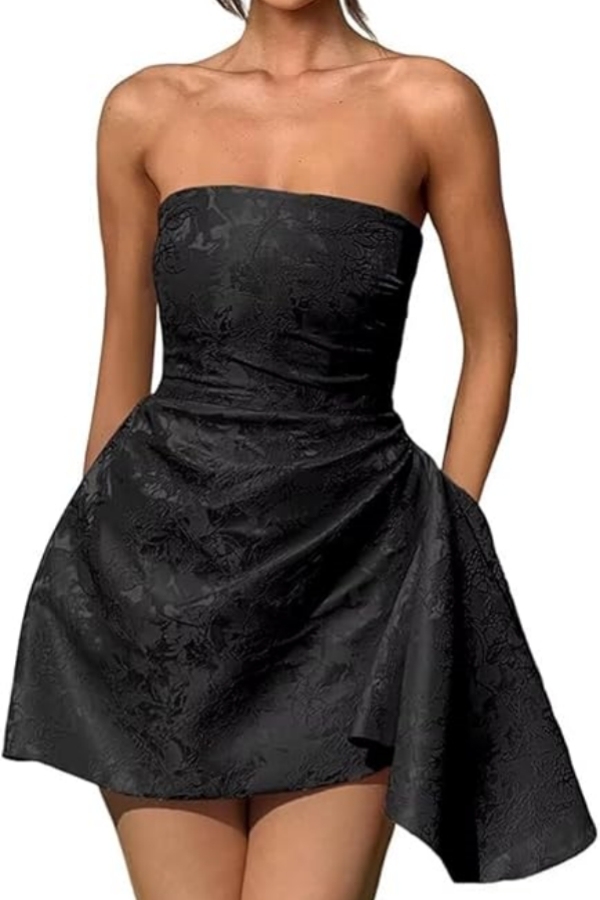 Strapless Ruched Satin Short Party Dress Sleeveless Knee Length Jacquard Homecoming Dress with Pocket