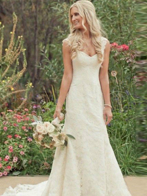 V-Neck Lace Sleeveless Sexy Mermaid Sweep Train Wedding Dresses UK