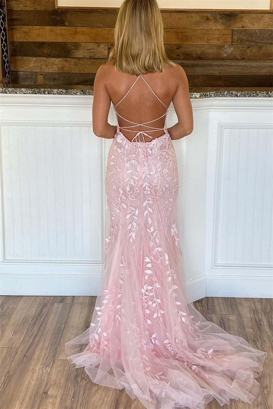 Exquisite Tulle Spaghetti Strap Sleeveless Backless Mermaid Prom Dress with Embroidery
