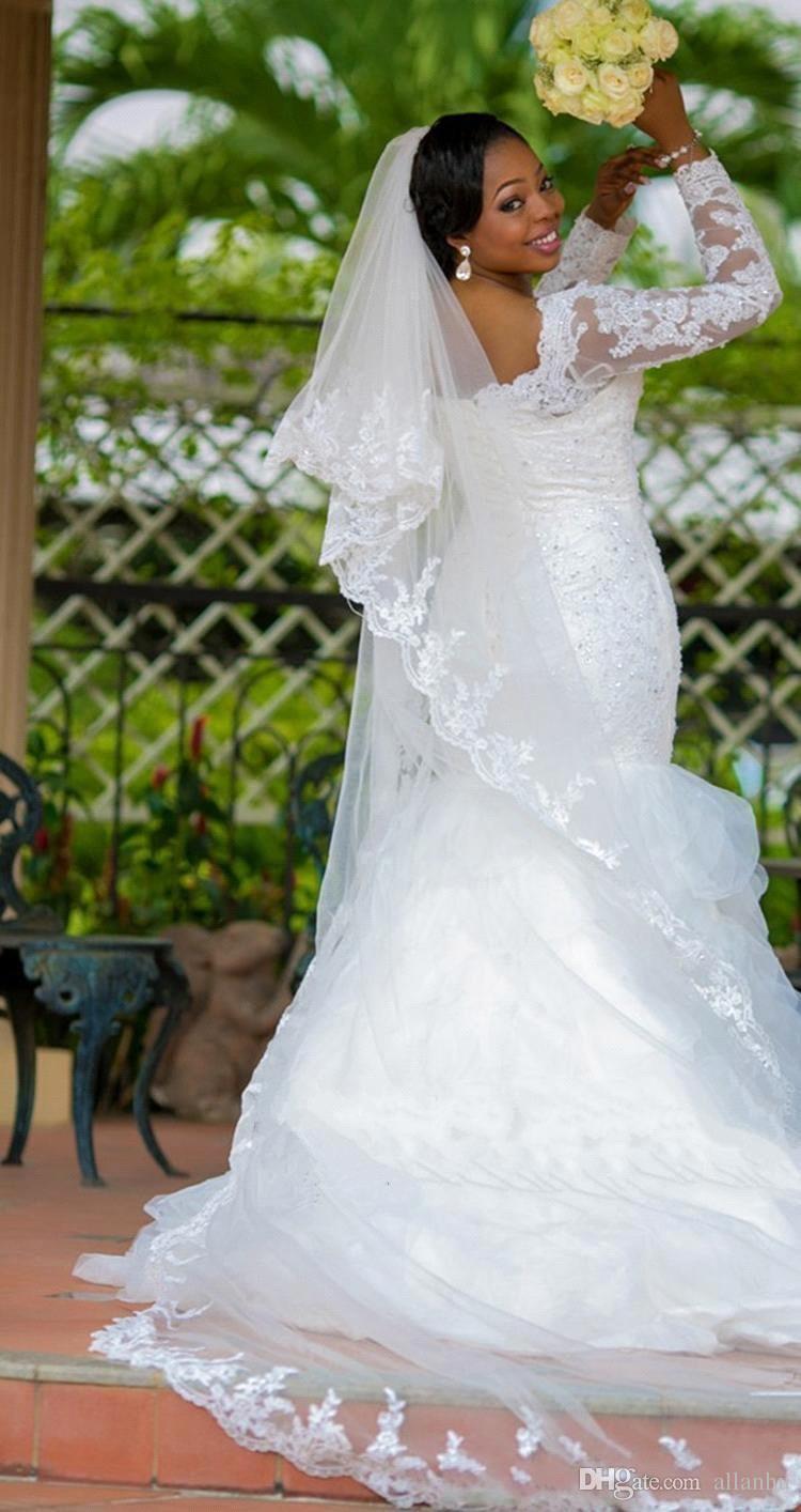 Gorgeous Long Sleeve Plus Size Wedding Dress Sexy Mermaid Lace Appliques With Beads-27Dress.co.uk