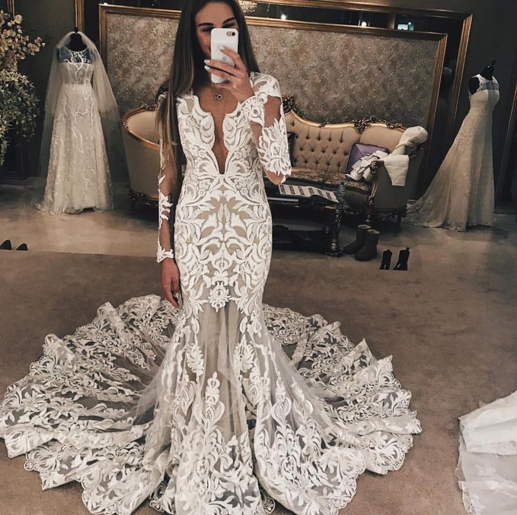 Long Sleeve Unique Lace Wedding Dresses UK | Sexy Mermaid Lace Long Train Bridal Gown-27Dress.co.uk