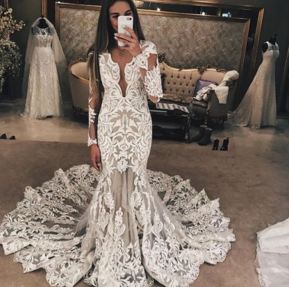 Long Sleeve Unique Lace Wedding Dresses UK | Sexy Mermaid Lace Long Train Bridal Gown-27Dress.co.uk