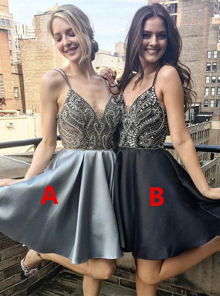 Luxury V-Neck Spaghetti-Straps Homecoming Dress UK | Beadings Mini Short Prom Dress UK