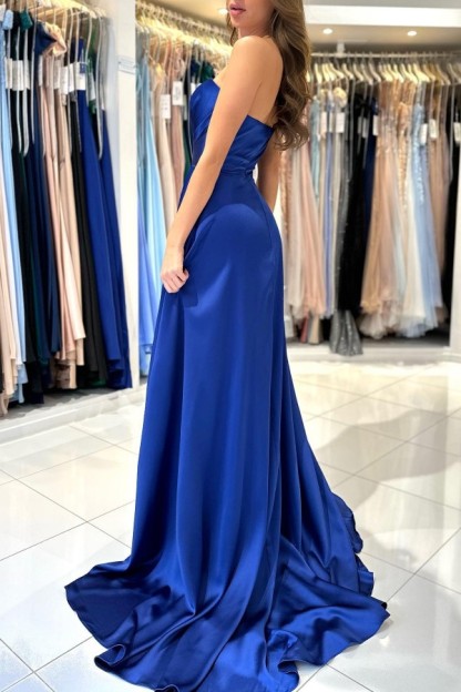 Stunning Sweetheart Satin Long Party Dress Strapless Side Slit Prom Dress-27Dress.co.uk
