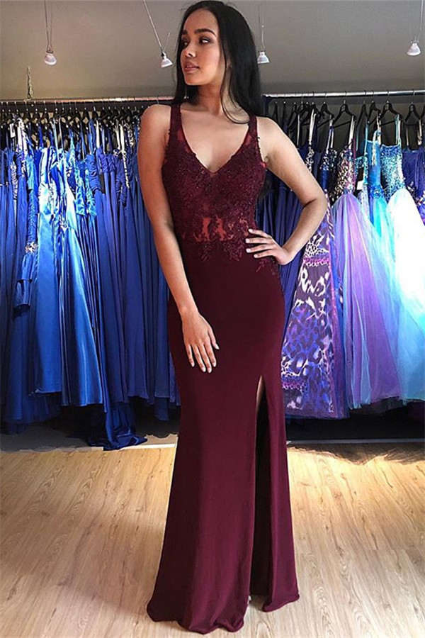 Burgundy Lace Appliques Sleeveless Open Back Prom Dress UKes UK Mermaid Side Slit Evening Dress UKes UK with Beads Dress UKes UK