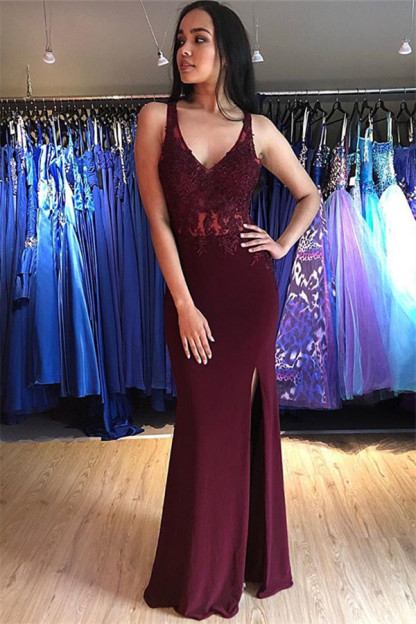Burgundy Lace Appliques Sleeveless Open Back Prom Dress UKes UK Mermaid Side Slit Evening Dress UKes UK with Beads Dress UKes UK