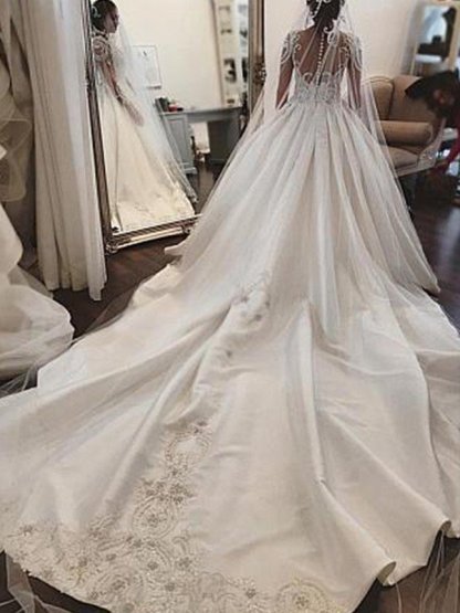 Satin Ball Gown Scoop Neckline Cathedral Train Applique Long Sleeves Wedding Dresses UK