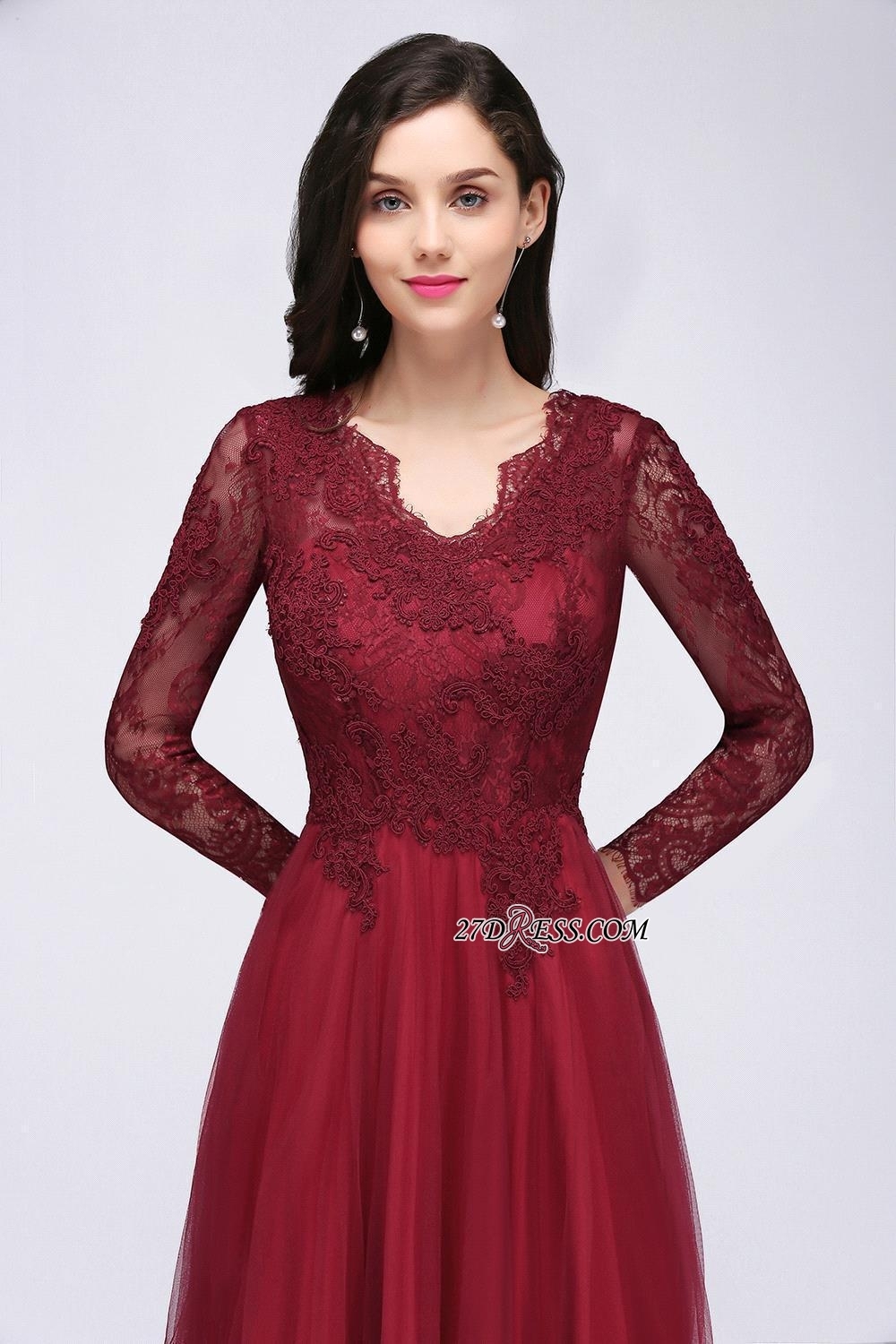 V-Neck Long-Sleeves Burgundy Floor-Length A-line Prom Dress UKes UK