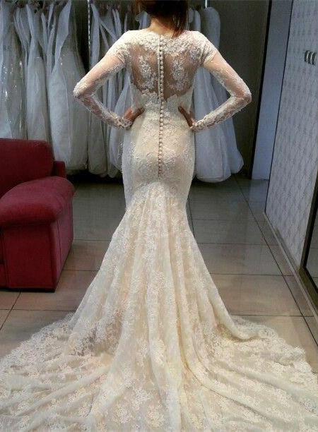 Pretty Long Sleeve Lace Wedding Dress Lace Zipper Button Back-27Dress.co.uk