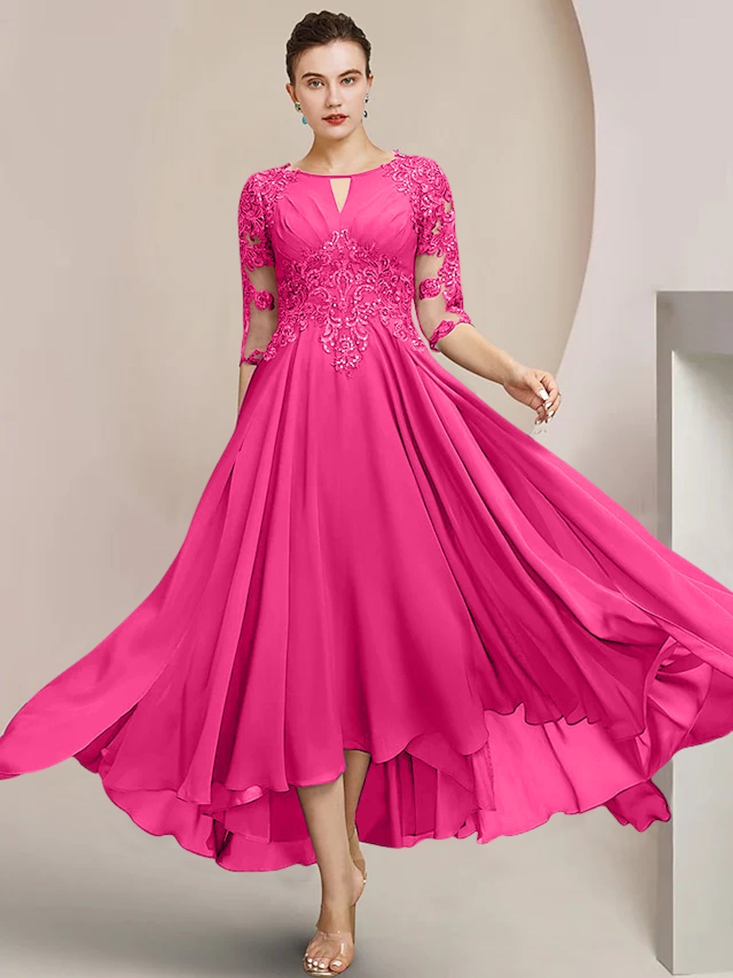 Scoop Neck Tea-Length A-Line Mother of the Bride Princess Dress