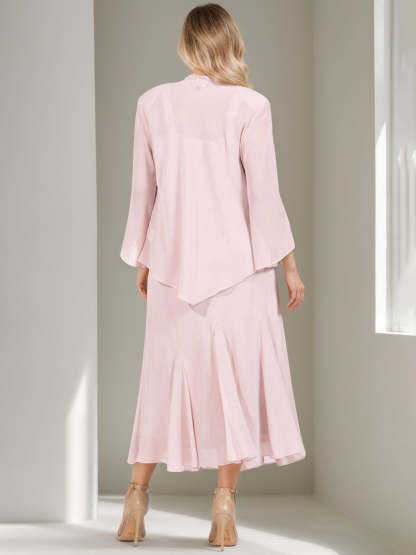 V-Neck A-Line Princess Two-Piece Plus Size Mother of the Bride Dress with Jacket and Sequins in Tea-Length