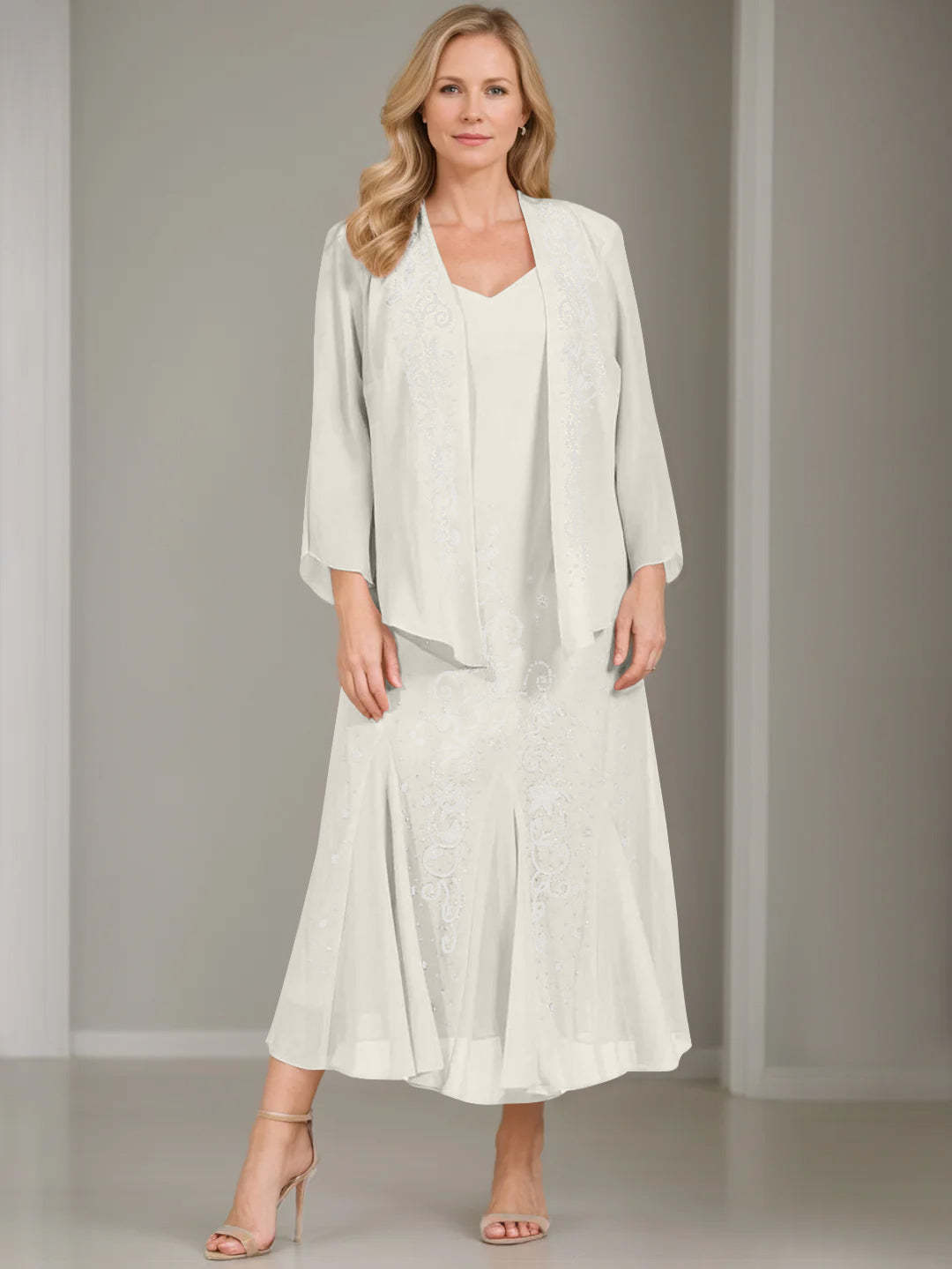V-Neck A-Line Princess Two-Piece Plus Size Mother of the Bride Dress with Jacket and Sequins in Tea-Length