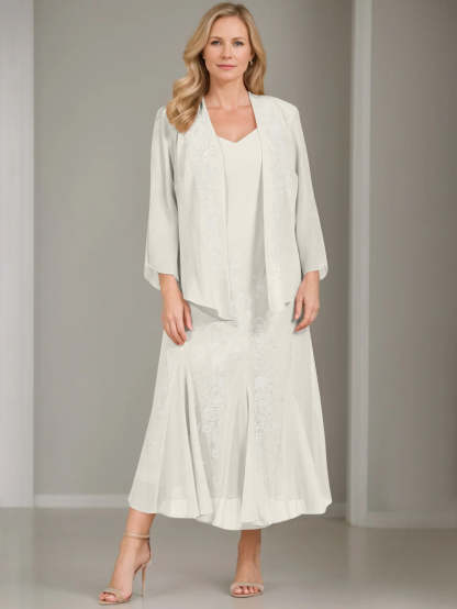 V-Neck A-Line Princess Two-Piece Plus Size Mother of the Bride Dress with Jacket and Sequins in Tea-Length