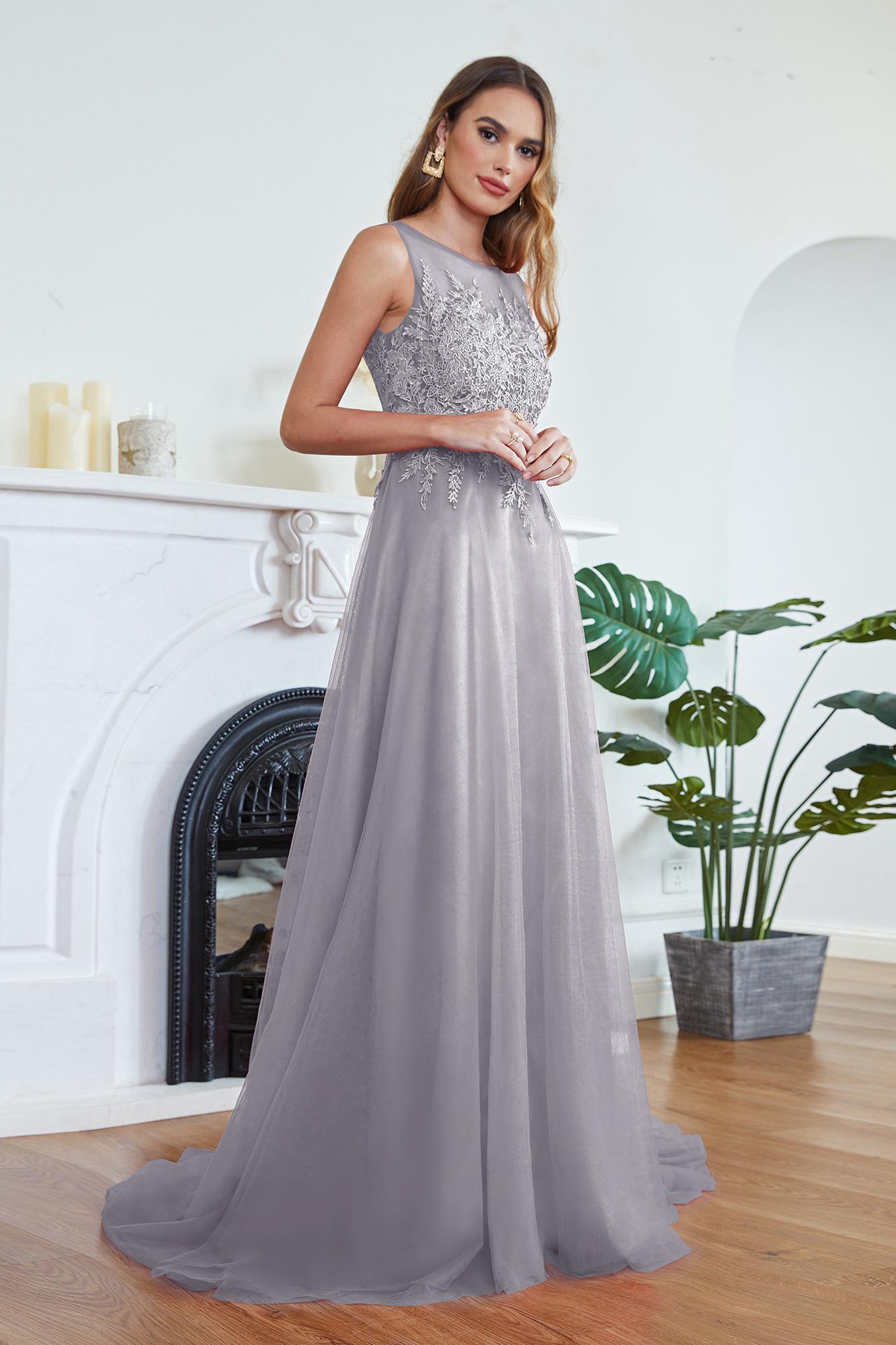 Stylish Scoop Neck Tulle Aline Evening Dress Floral Lace Long Bridesmaid Dresses Sleeveless