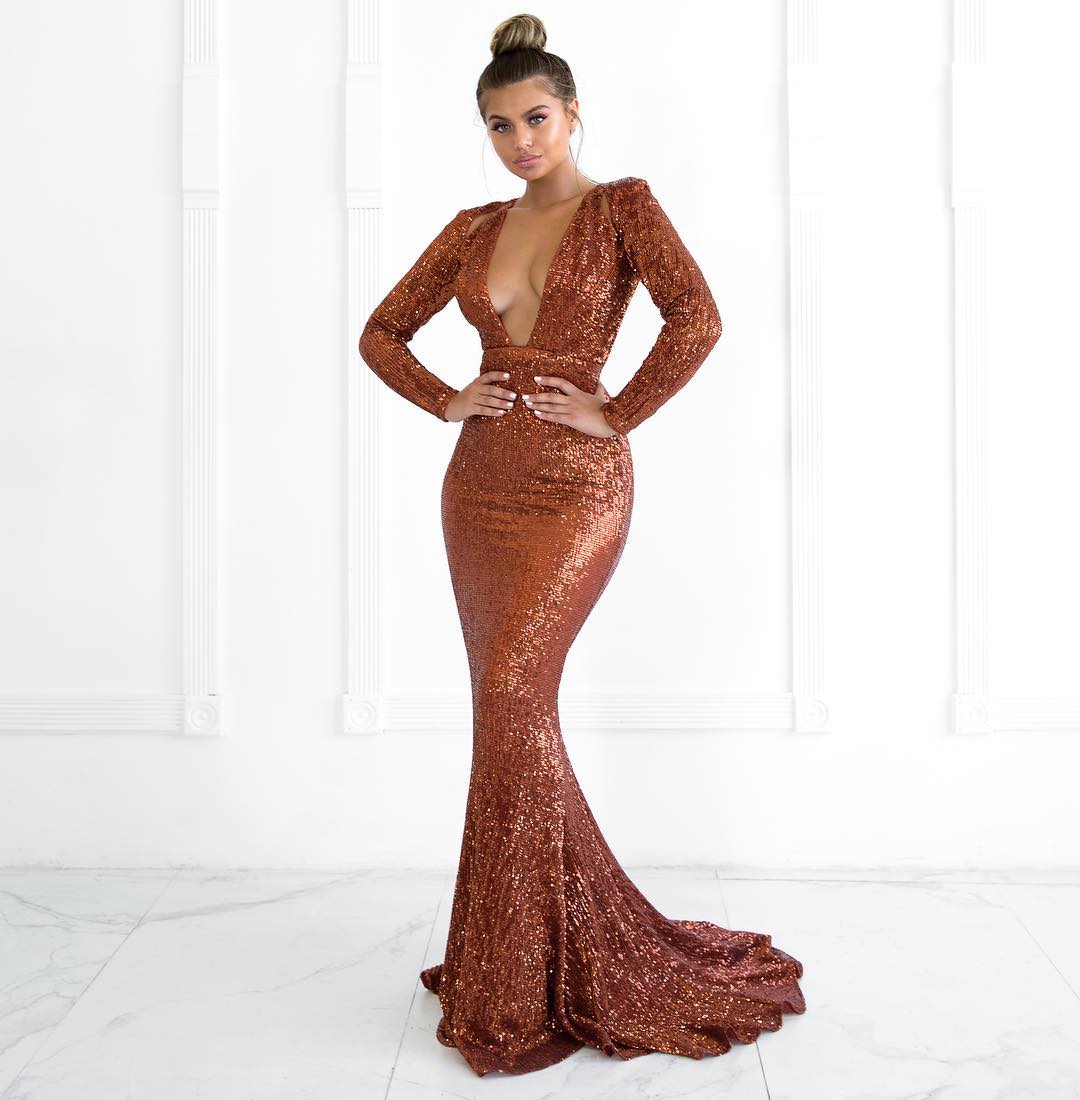 Elegant Hot Deep V-Neck Long Sleeves Elegant Mermaid Prom Dress UK UK -27Dress.co.uk