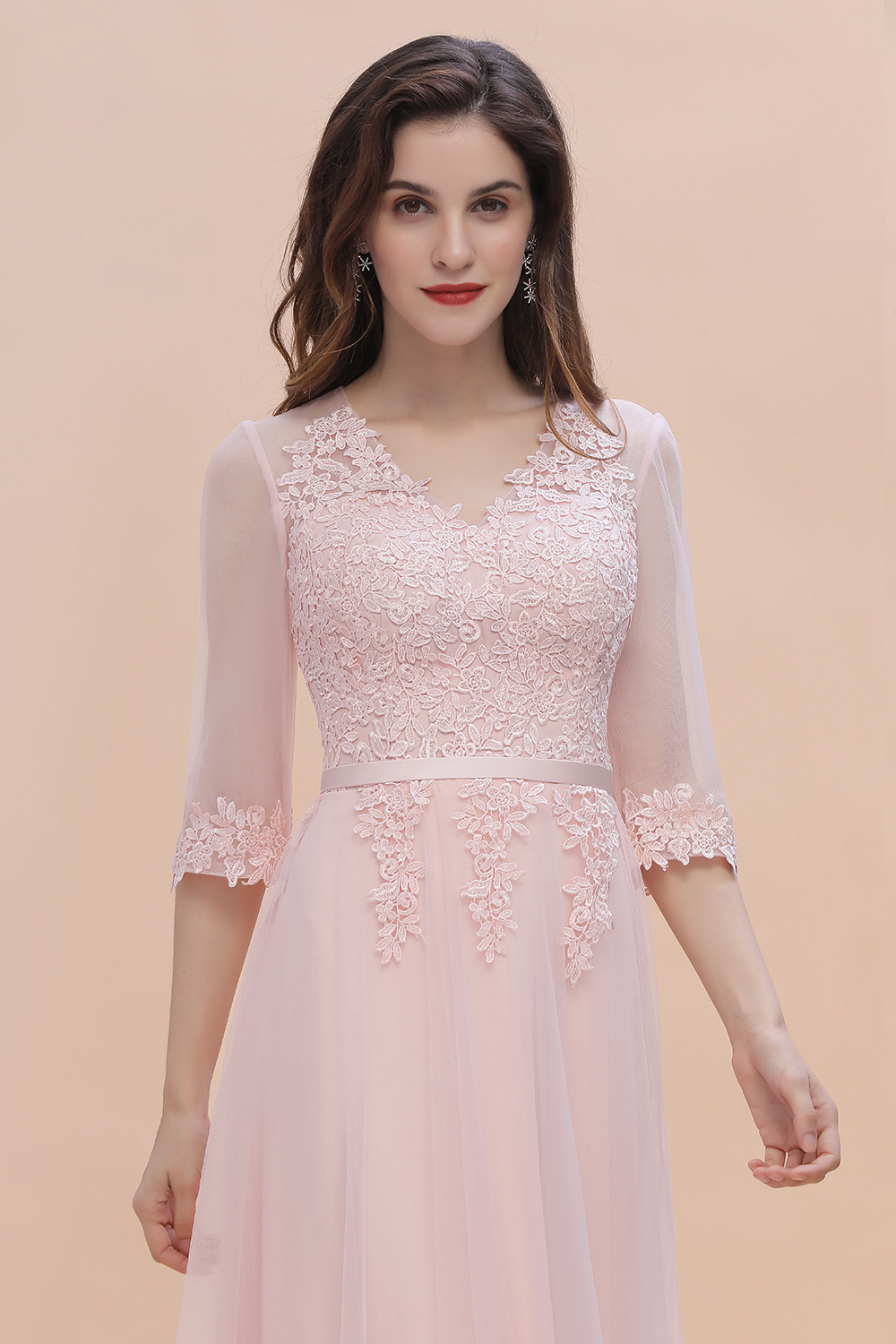 Elegant Half Sleves Pink Lace Tulle Bridesmaid Dress V-Neck Long Wedding Party Dress