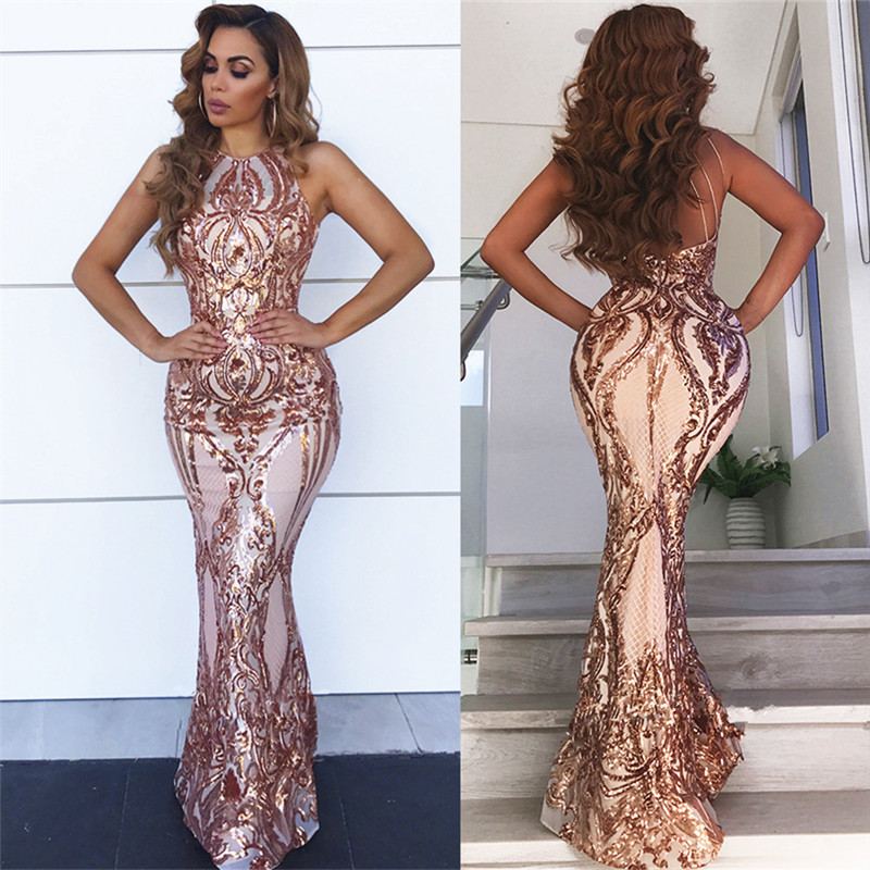 Sleeveless Open Back Sequins Prom Dresses | Sexy Spaghetti Straps Mermaid Champagne Evening Dress-27Dress.co.uk